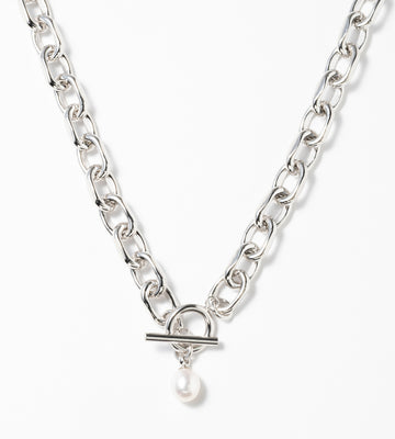 LARGE LINK CHAIN PEARL CHARM NECKLACE