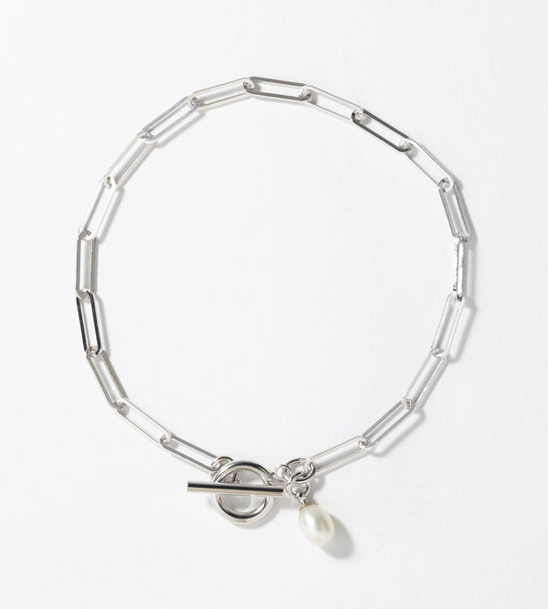 SQUARE CHAIN PEARL CHARM BRACELET