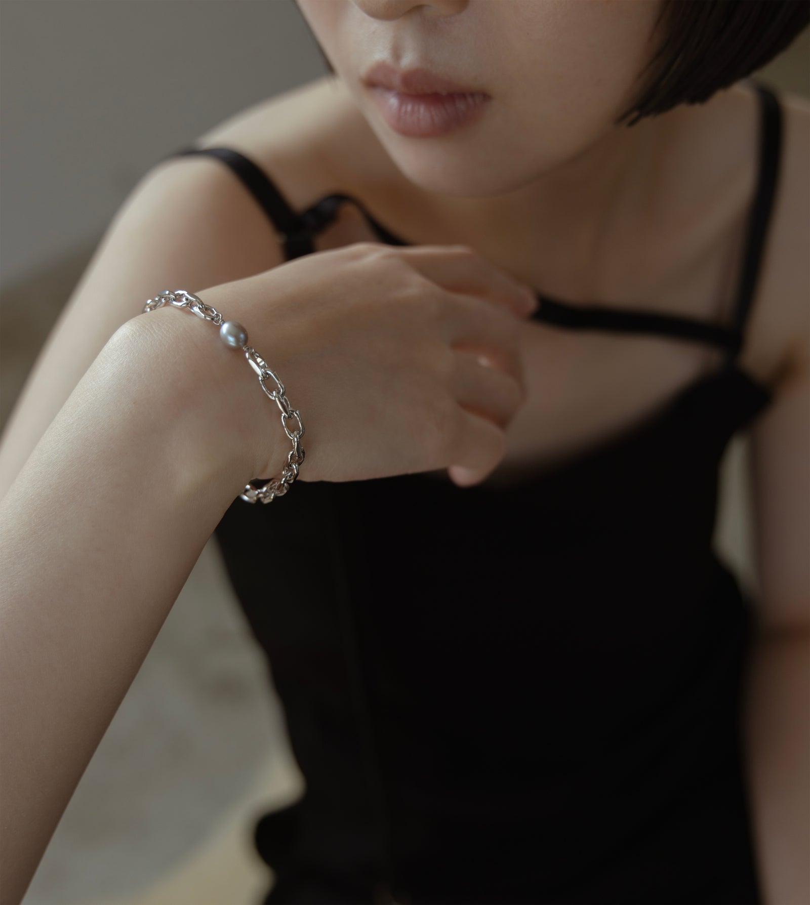 リンク チェーン グレー パール セッティング ブレスレット