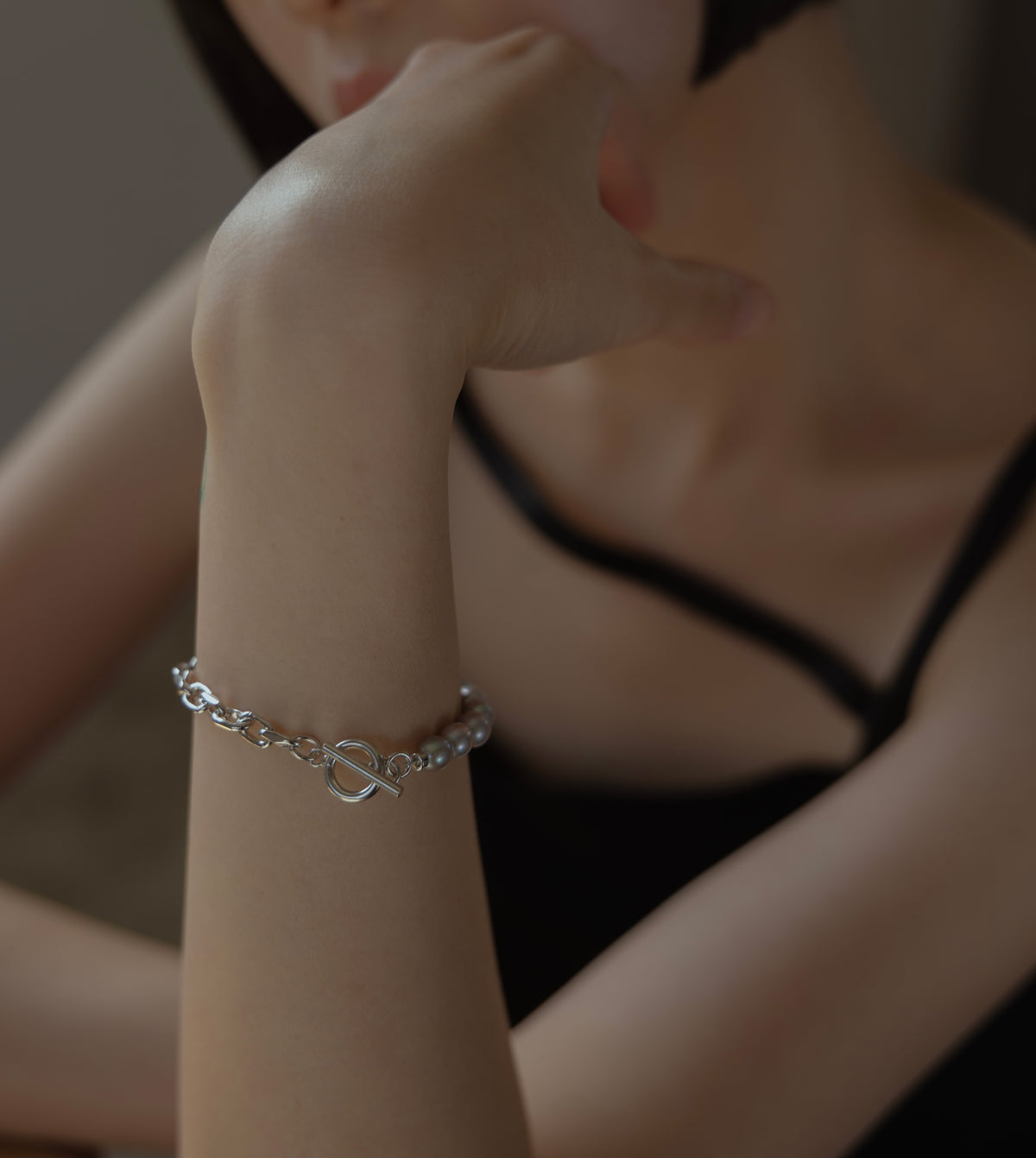 Tsui ブレスレット　シルバー パール LINK CHAIN GRAY PEARL SETTING BRACELET