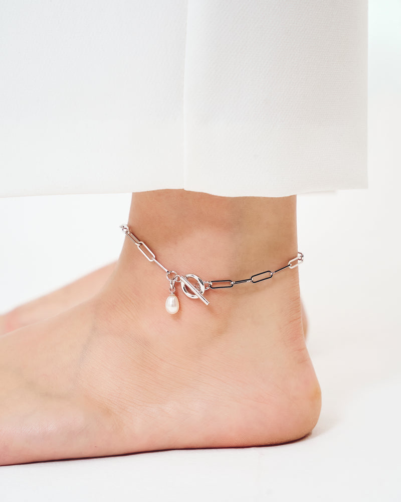 SQUARE CHAIN PEARL CHARM ANKLET